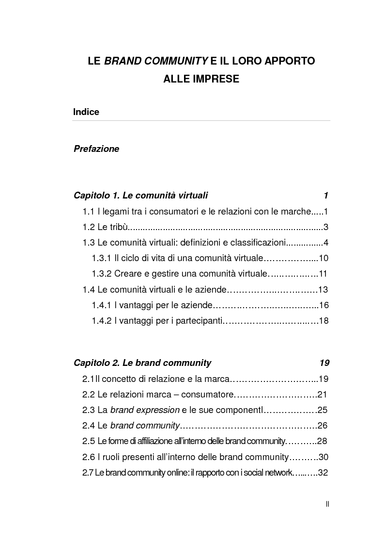 Indice della tesi: Le brand community e il loro apporto alle imprese, Pagina 1