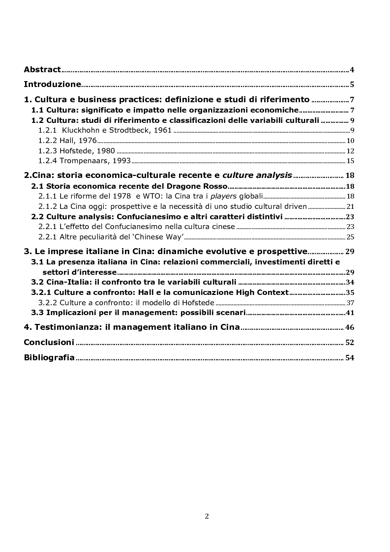 Indice della tesi: Cultura e business practices: studio di possibili criticità per le aziende italiane in Cina, Pagina 1
