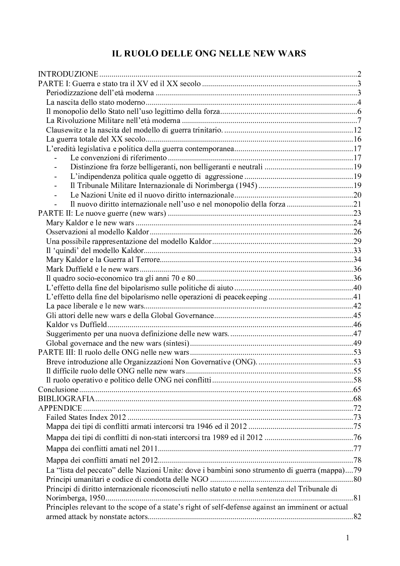 Indice della tesi: Il ruolo delle ONG nelle nuove guerre, Pagina 1