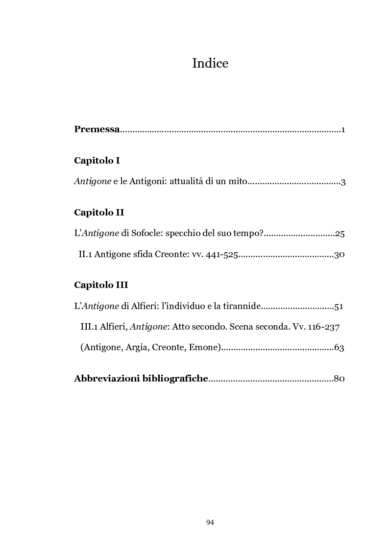 Indice della tesi: ''Antigone'': individuo e ragion di stato da Sofocle ad Alfieri, Pagina 1