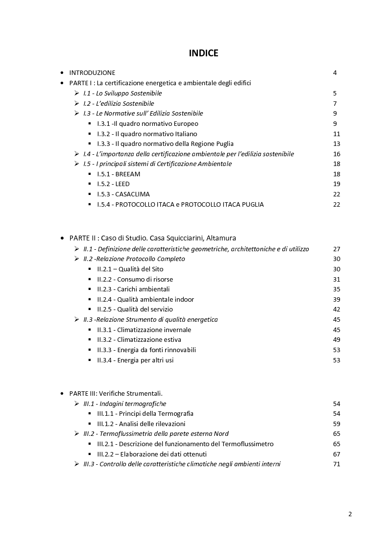 Indice della tesi: Edilizia Sostenibile. Applicazione progettuale del Protocollo ITACA, Pagina 1