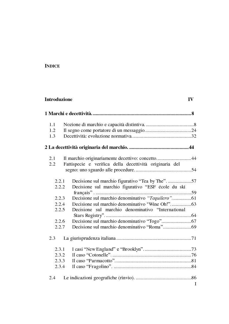 Indice della tesi: Decettività e diritto dei marchi, Pagina 1
