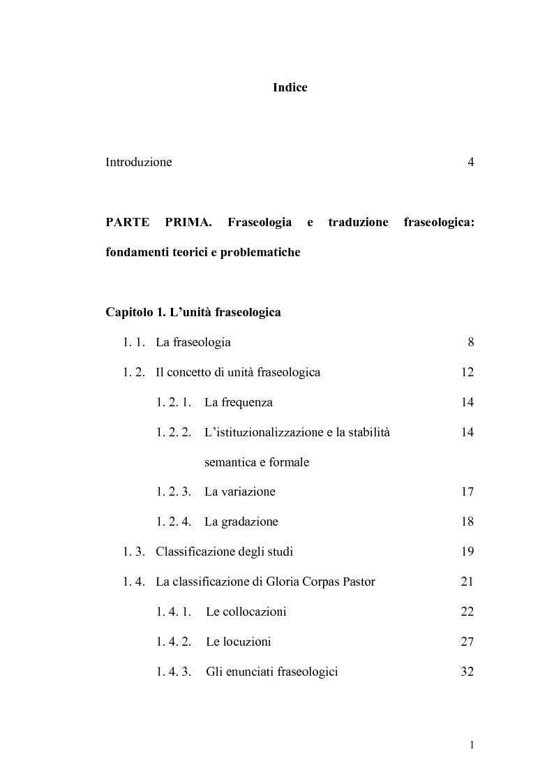 Indice della tesi: Fraseologia contrastiva: unità fraseologiche tra spagnolo e italiano, Pagina 1