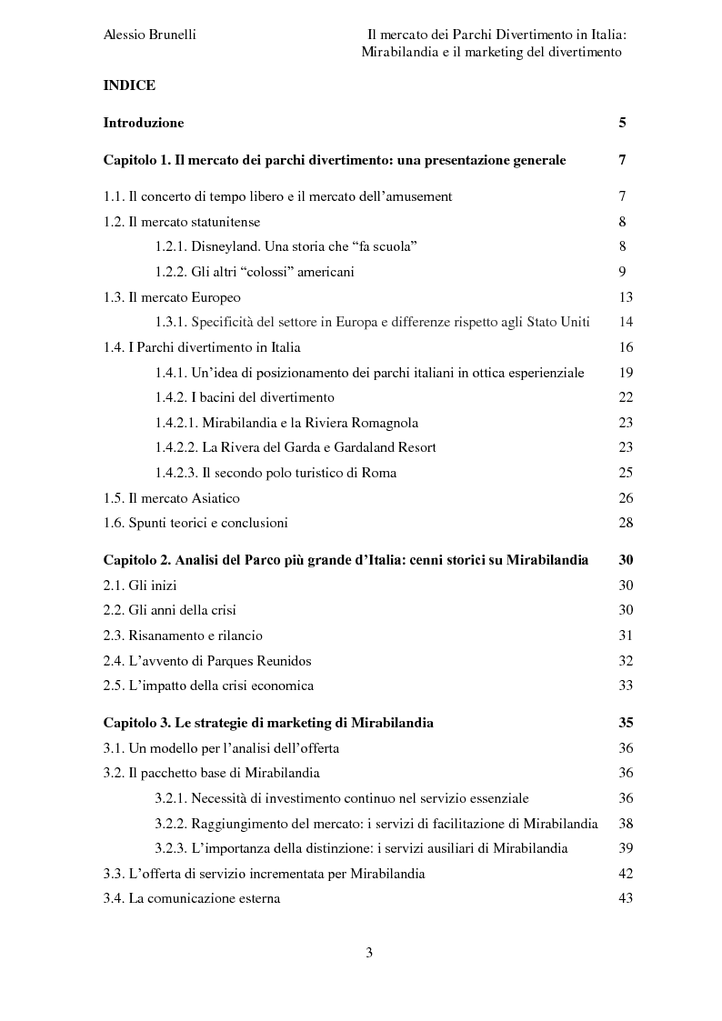Indice della tesi: Il mercato dei parchi divertimento in Italia: Mirabilandia e il marketing del divertimento., Pagina 1
