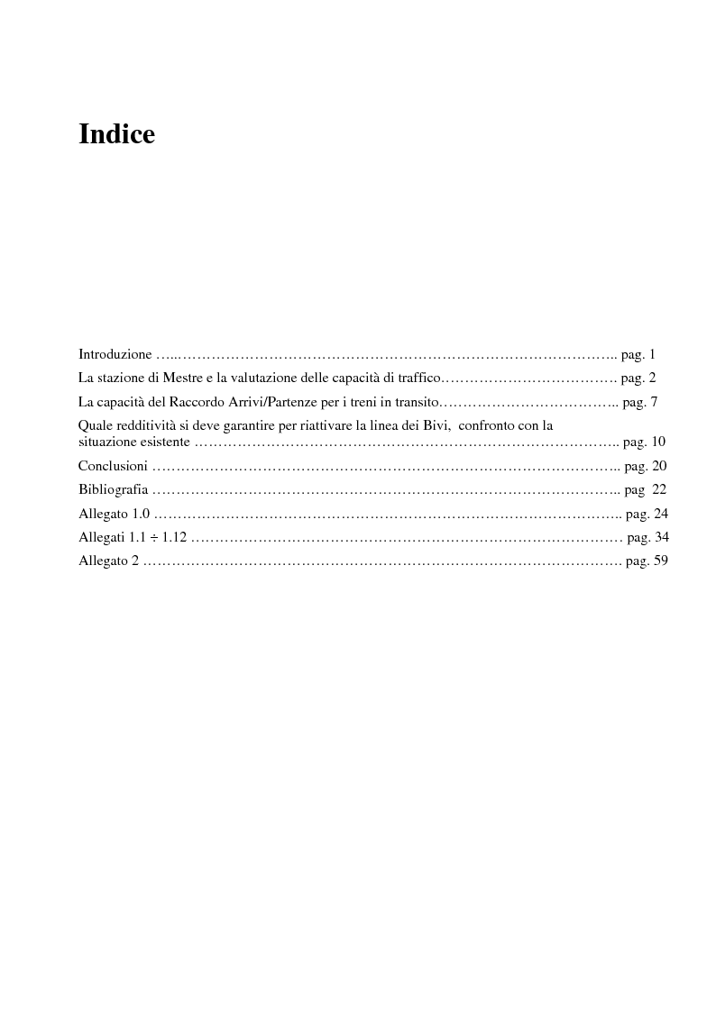 Indice della tesi: Una valutazione preliminare per la riattivazione della linea dei Bivi nel nodo di Venezia., Pagina 1