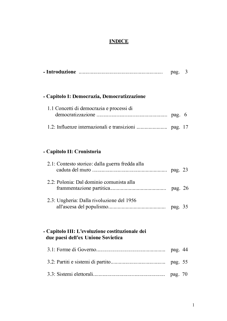 Indice della tesi: Transizione e democrazia. Forme di governo a confronto: i casi polacco e ungherese., Pagina 1