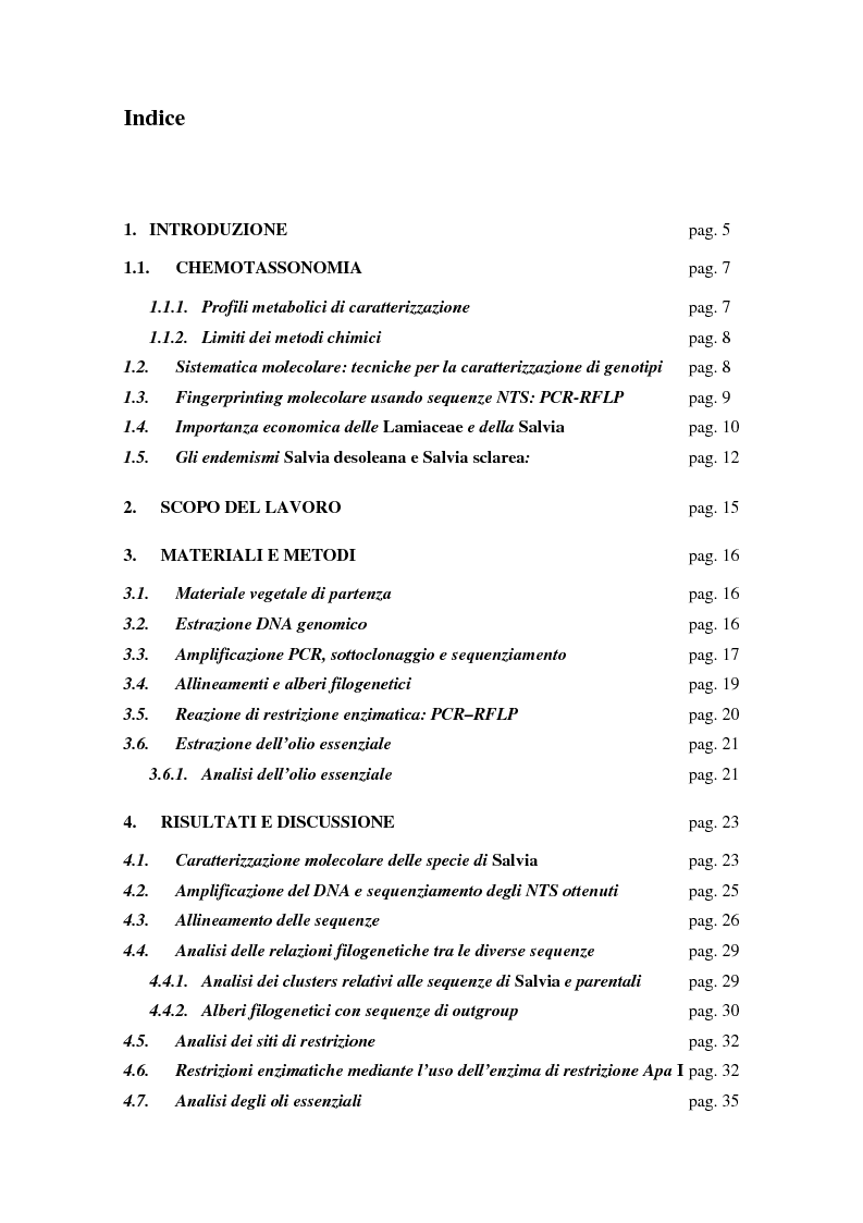 Indice della tesi: Discriminazione chimica e molecolare di due specie endemiche della Sardegna: Salvia desoleana Atzei et Picci e Salvia sclarea L., Pagina 1