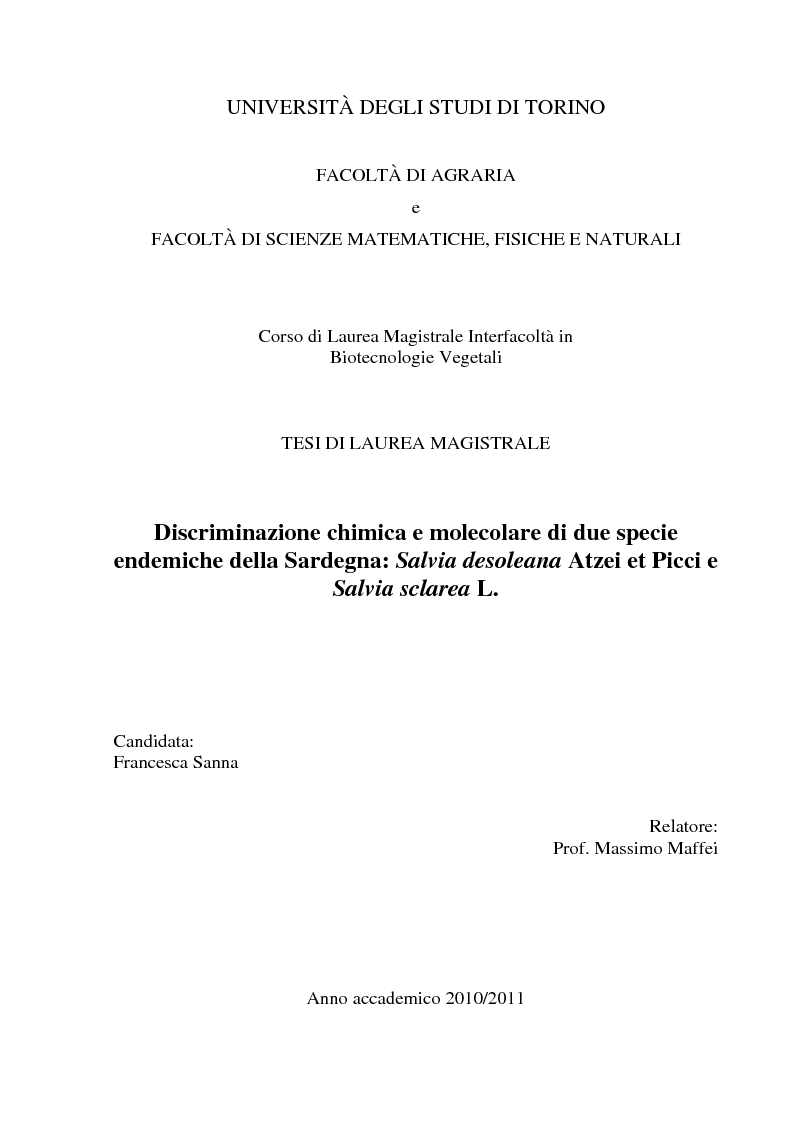 Anteprima della tesi: Discriminazione chimica e molecolare di due specie endemiche della Sardegna: Salvia desoleana Atzei et Picci e Salvia sclarea L., Pagina 1