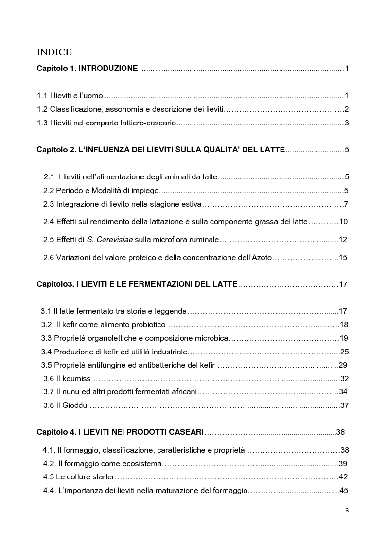 Indice della tesi: Il ruolo dei lieviti nel settore lattiero-caseario, Pagina 1