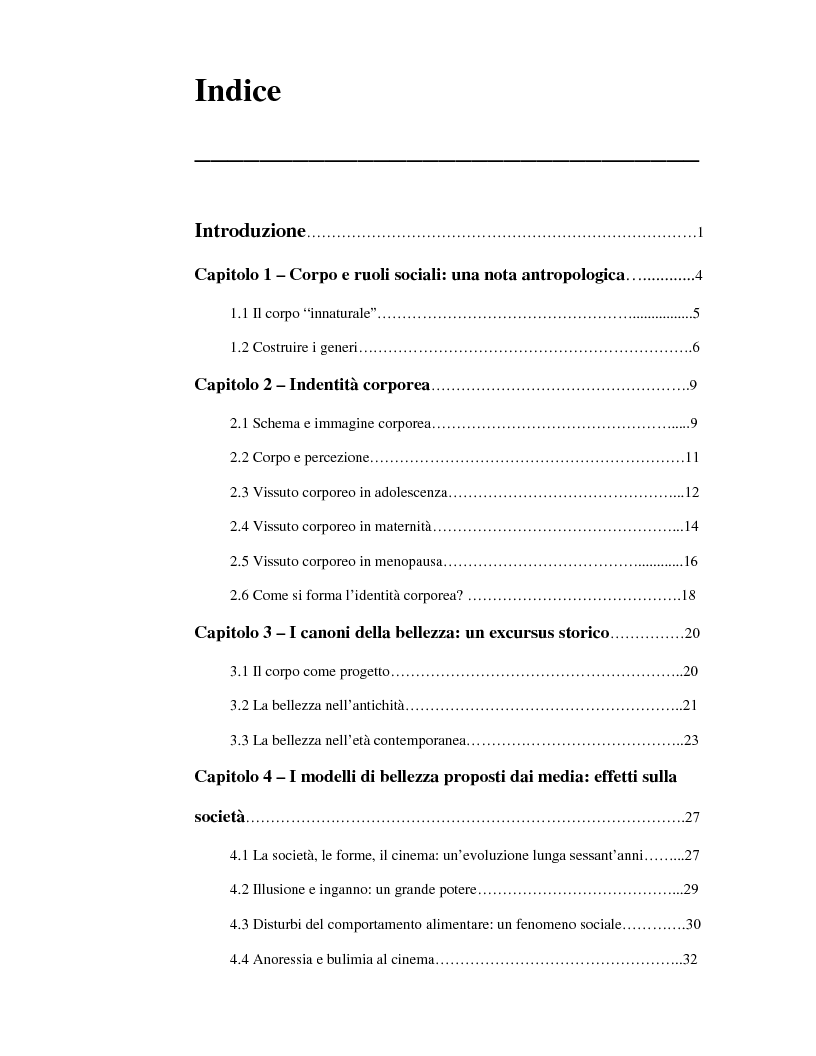 Indice della tesi: L'immagine corporea tra costruzione mediatica e dispercezione, Pagina 1