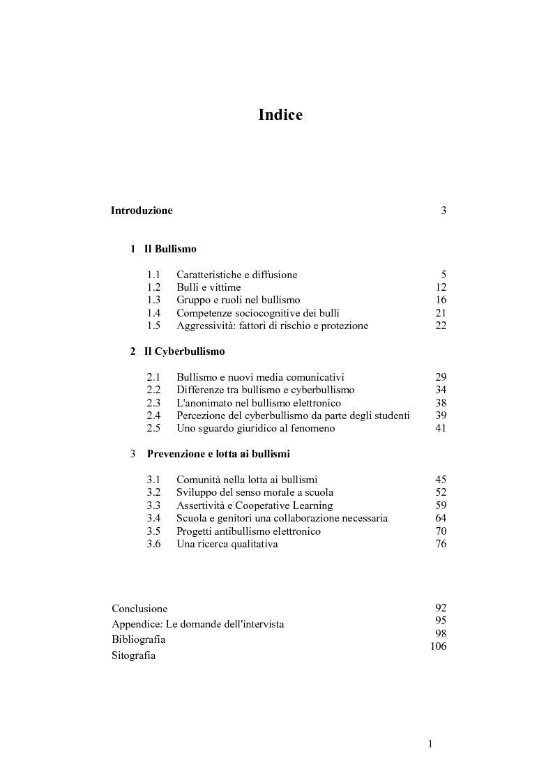 Indice della tesi: Bullismo e Cyberbullismo: continuità o differenza?, Pagina 1