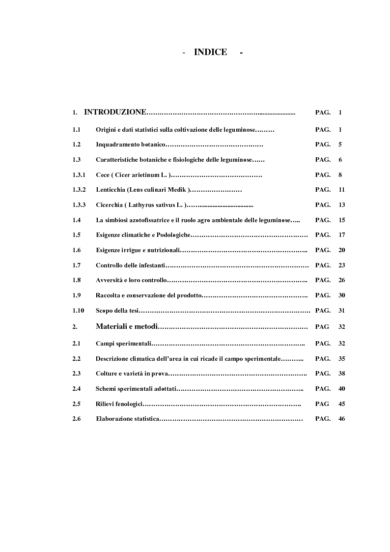 Indice della tesi: Caratterizzazione agronomica di varietà locali di Cece (Cicer arietinum L. ), Lenticchia (Lens culinaris Medik), Cicerchia (Lathyrus sativus L. ) in un ambiente collinare interno della Basilicata, Pagina 1