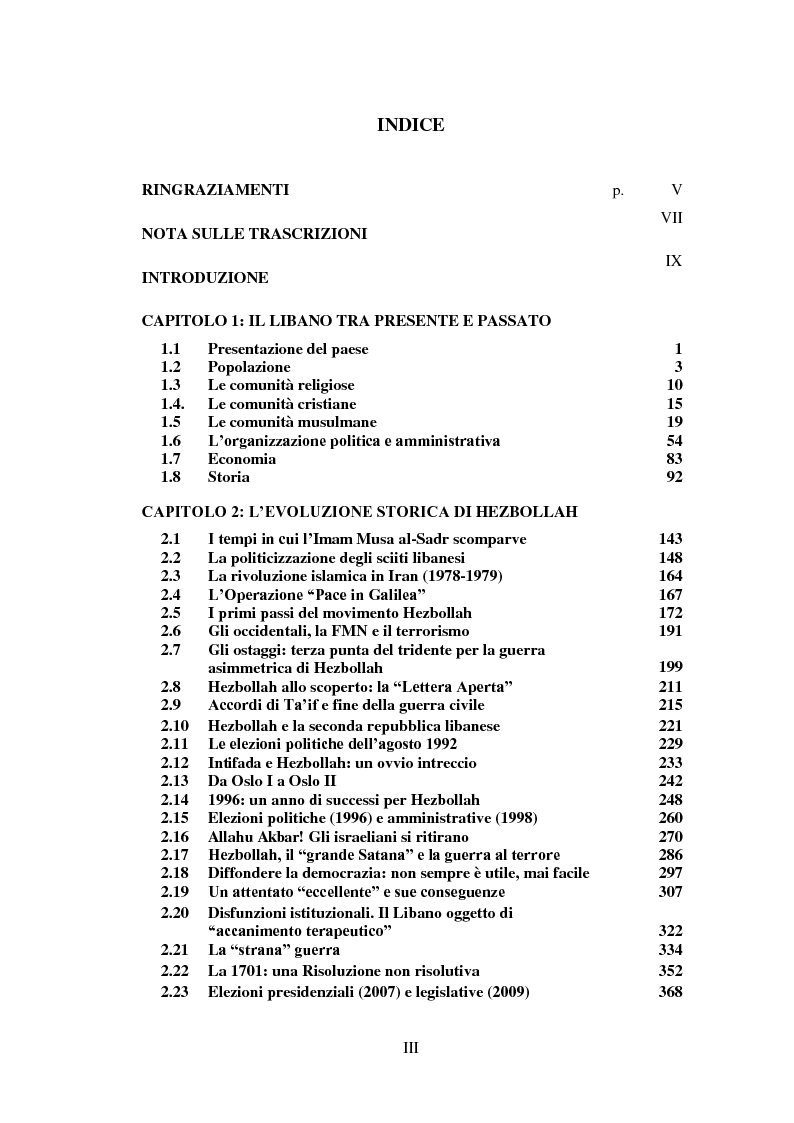 Indice della tesi: Hezbollah: storia, ideologia e logica d'azione di un movimento islamista sciita, Pagina 1