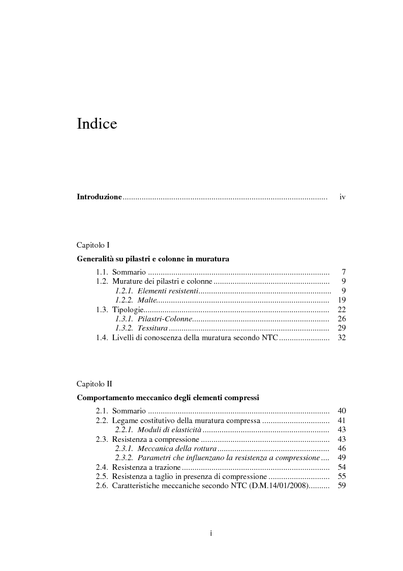 Indice della tesi: Una tecnica di consolidamento non invasiva per colonne in muratura tramite trefoli ad alta resistenza, Pagina 1