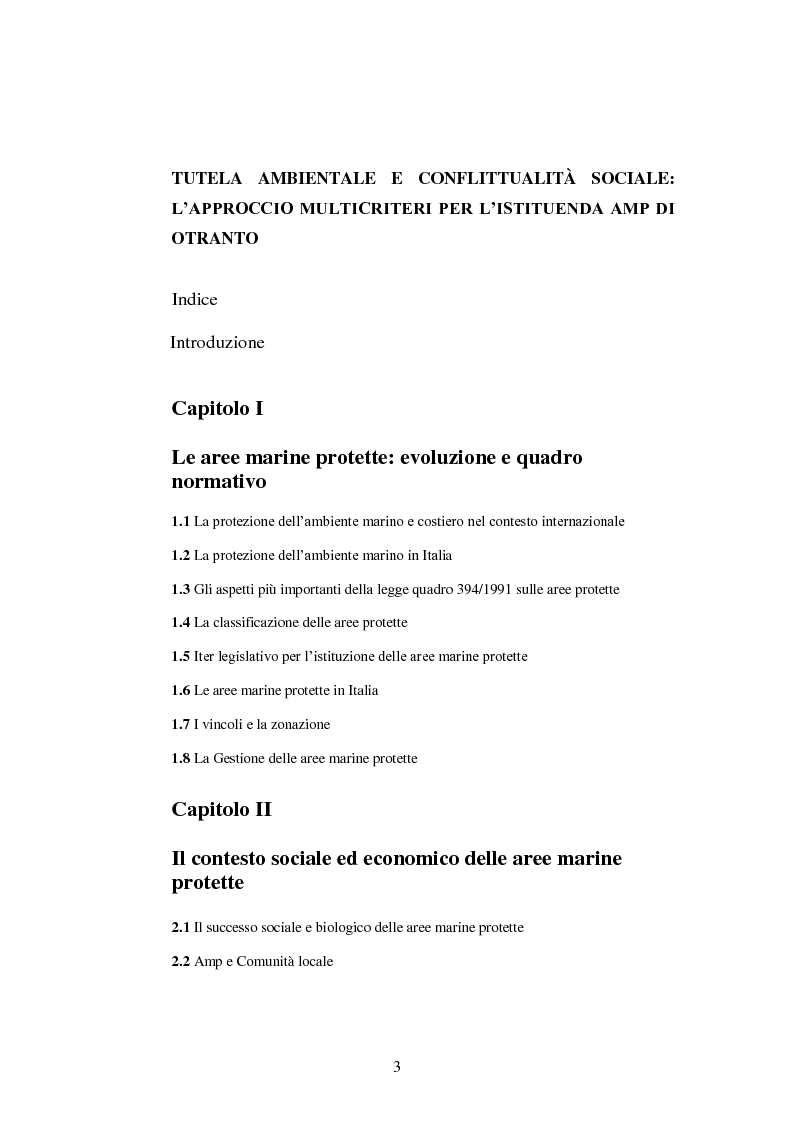 Indice della tesi: Tutela ambientale e conflittualità sociale: l'approccio multicriteri per l'istituenda AMP di Otranto, Pagina 1