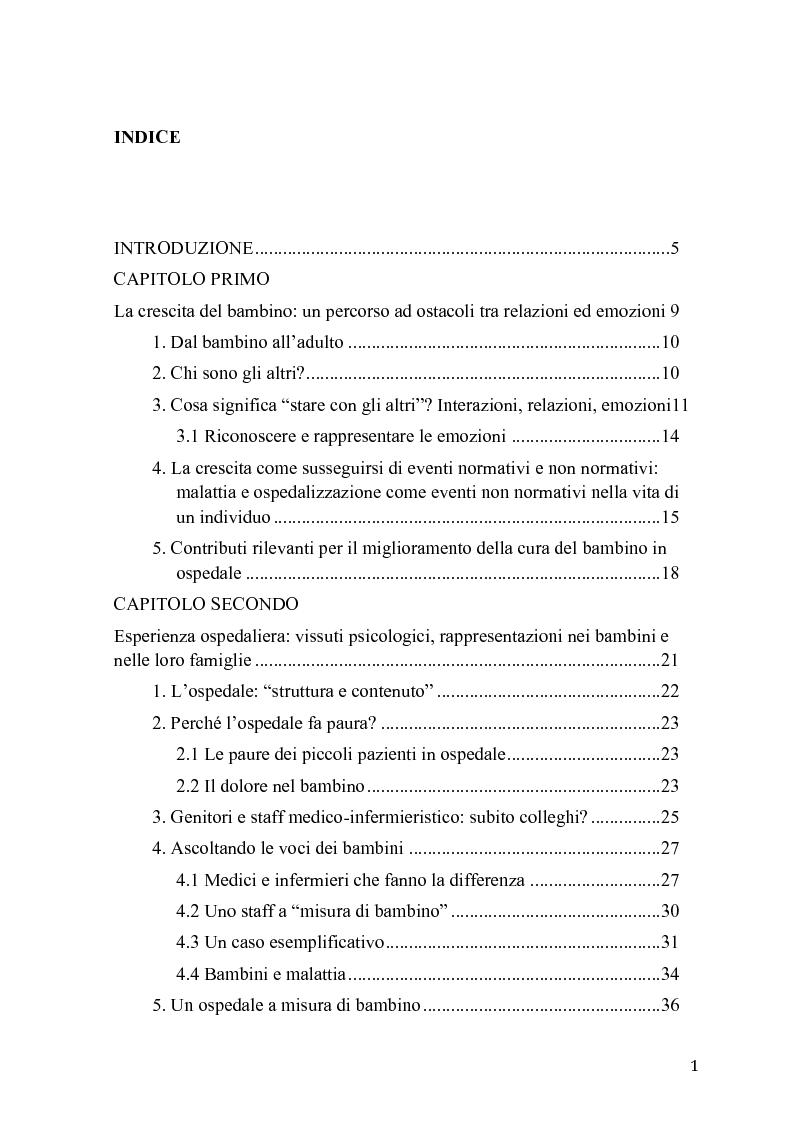 Indice della tesi: Le relazioni in Ospedale: uno studio esplorativo attraverso lo sguardo di piccoli pazienti, Pagina 1
