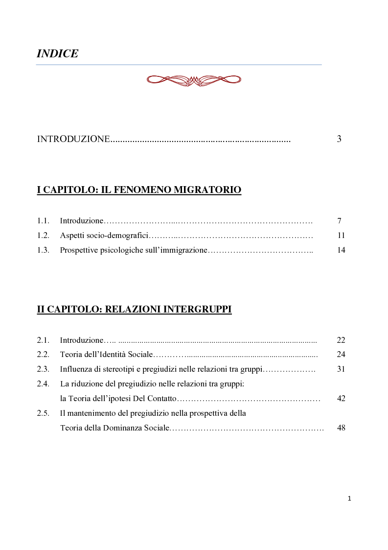 Indice della tesi: Acculturazione e identità personale,etnica e culturale in adolescenti immigrati di seconda generazione, Pagina 1