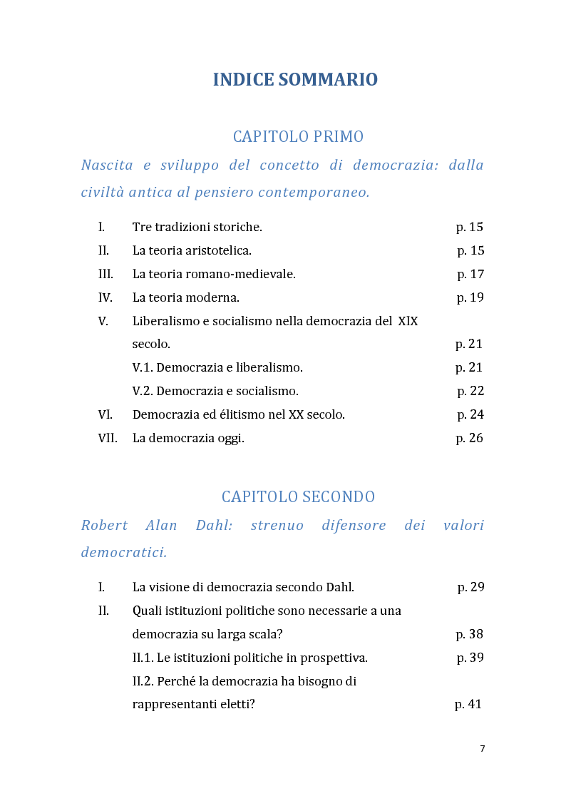 Indice della tesi: I problemi della democrazia contemporanea. Cinque concezioni a confronto., Pagina 1