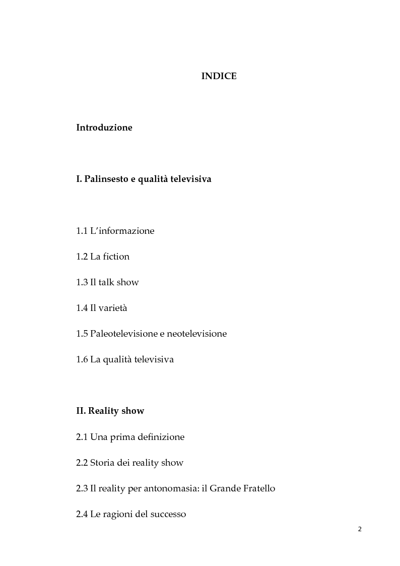 Indice della tesi: Neotelevisione e reality show: commistione tra i generi televisivi, Pagina 1