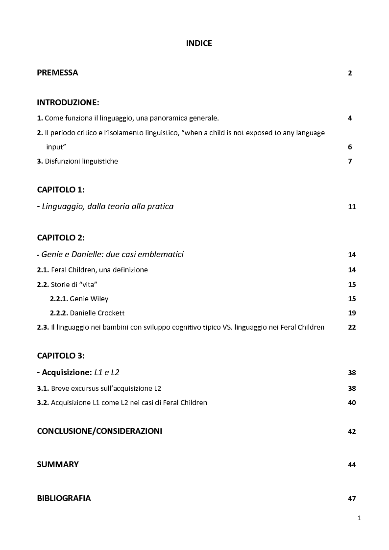 Indice della tesi: Il linguaggio nei casi di 'bambini selvaggi' - Language in Feral children, Pagina 1