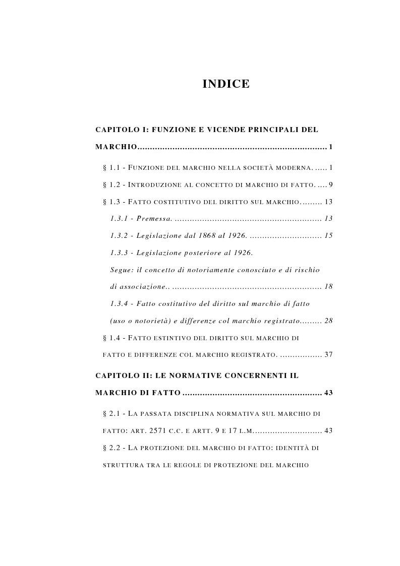 Indice della tesi: La Protezione del Marchio non registrato, Pagina 1