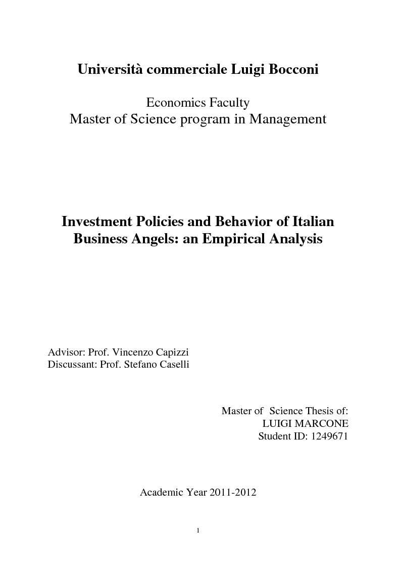 Anteprima della tesi: Investment Policies and Behavior of Italian Business Angels: an Empirical Analysis, Pagina 1