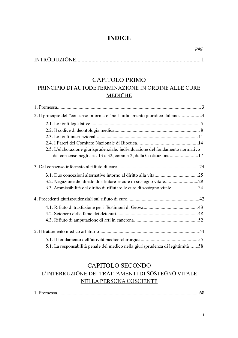 Indice della tesi: Consenso e rifiuto informati al trattamento medico, Pagina 1