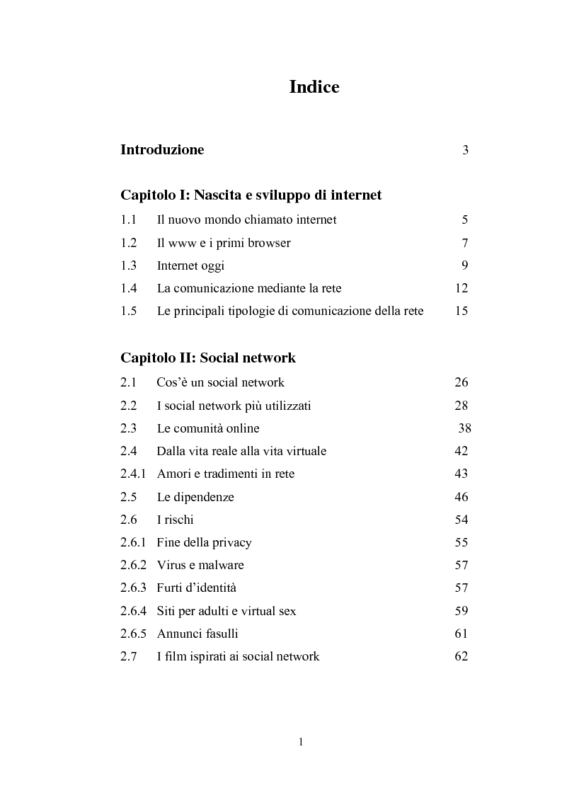 Indice della tesi: Gli utenti dei social network: vantaggi e rischi di una vita online, Pagina 1