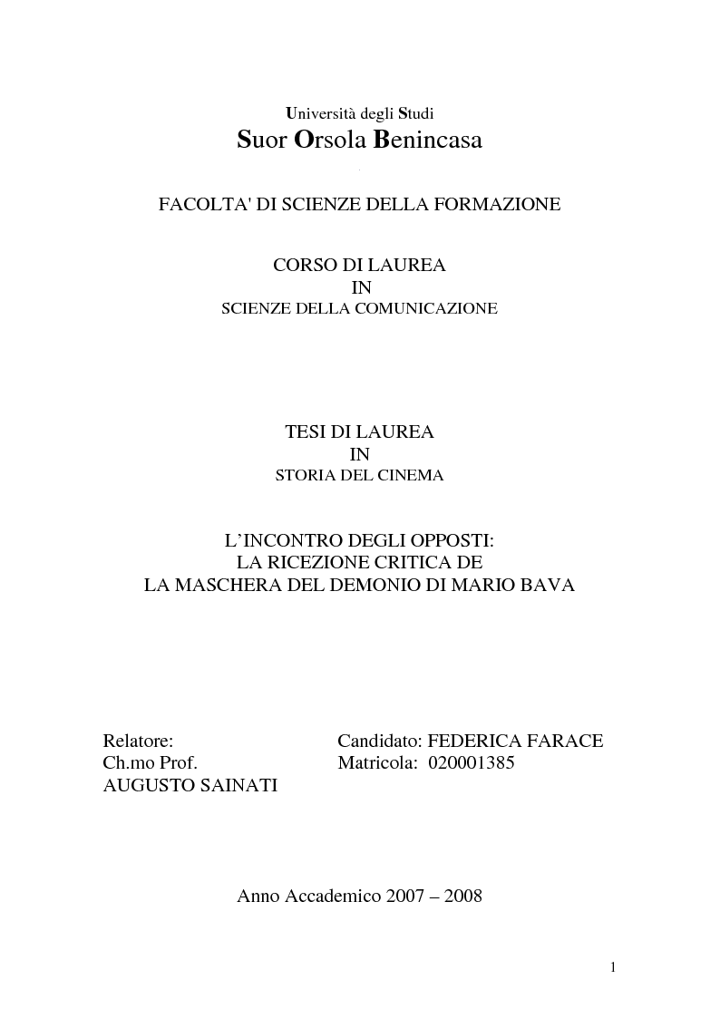 Anteprima della tesi: L'incontro degli opposti: la ricezione critica de "La Machera del Demonio" di Mario Bava, Pagina 1