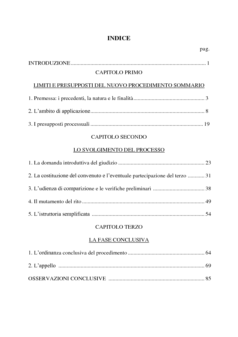 Indice della tesi: Il processo sommario di cognizione, Pagina 1