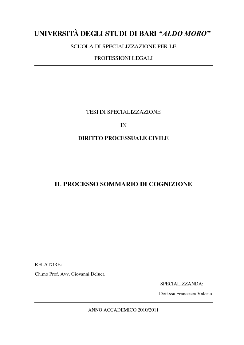 Anteprima della tesi: Il processo sommario di cognizione, Pagina 1