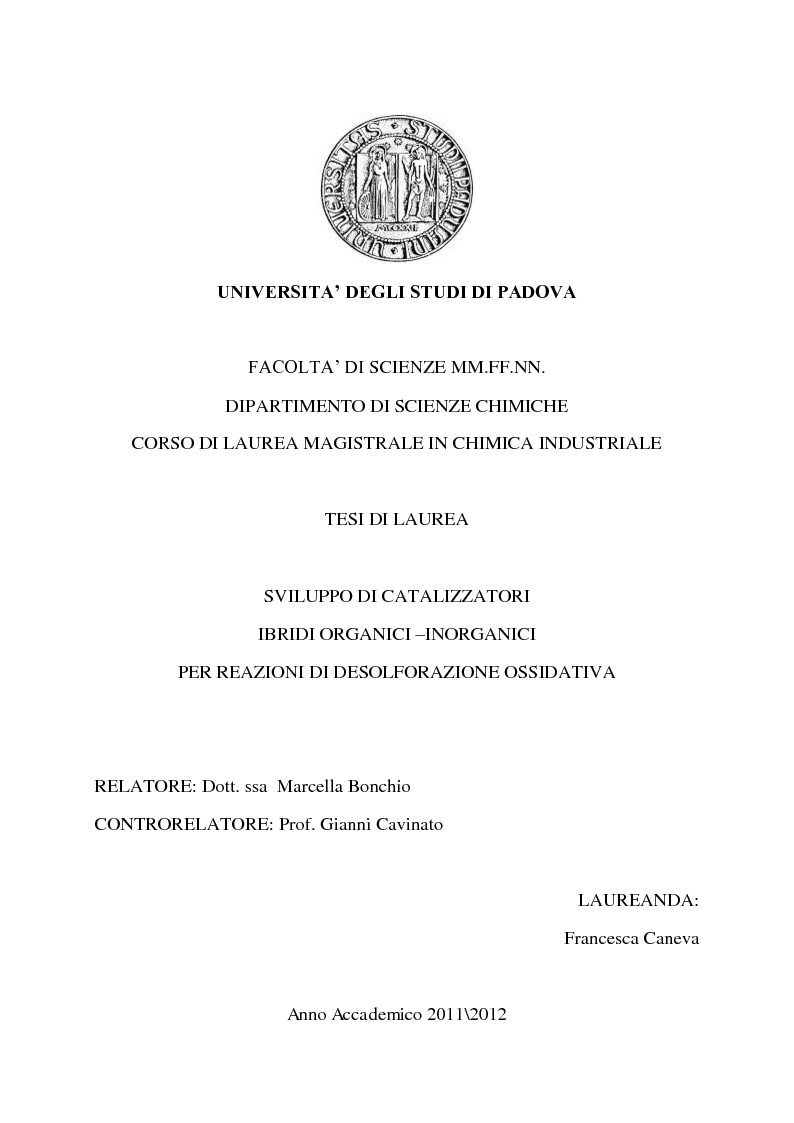 Anteprima della tesi: Sviluppo di catalizzatori ibridi organici-inorganici per reazioni di desolforazione ossidativa, Pagina 1