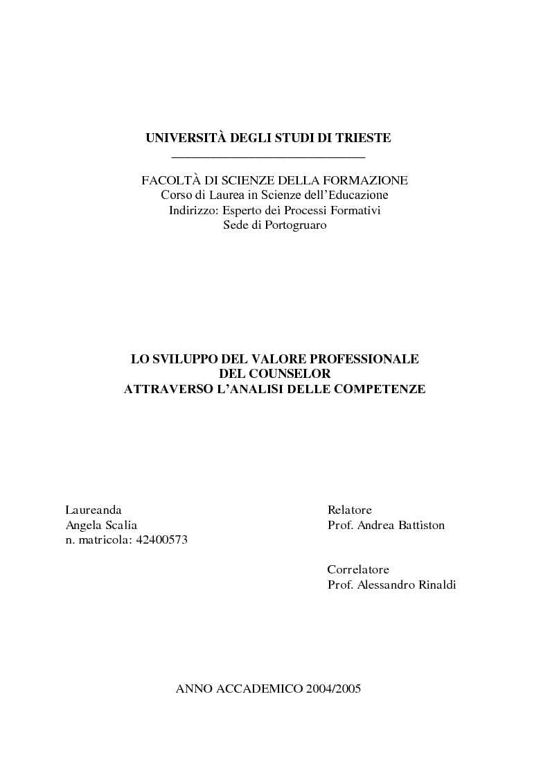 Anteprima della tesi: Lo sviluppo del valore professionale del counselor attraverso l'analisi delle competenze, Pagina 1
