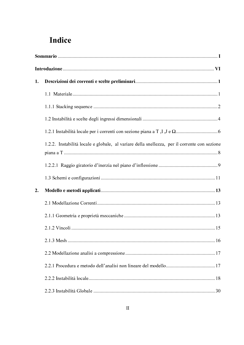 Indice della tesi: Valutazione della stabilità di correnti in materiale composito soggetti a compressione mediante analisi agli elementi finiti, Pagina 1