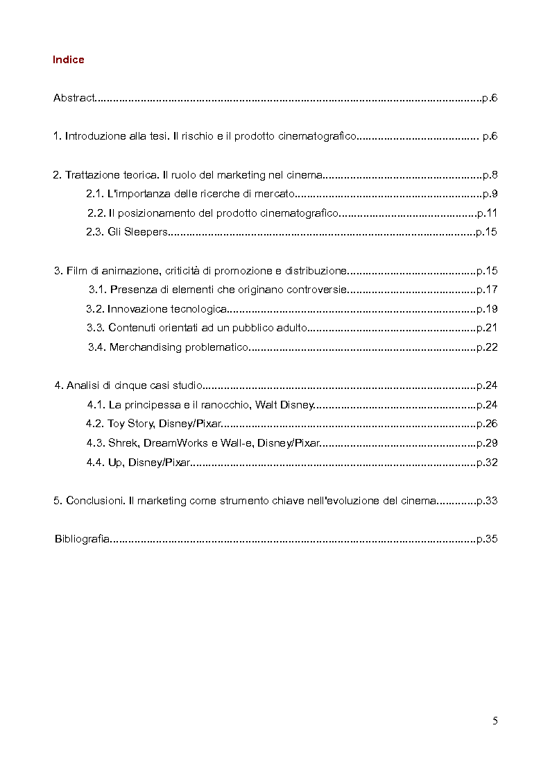 Indice della tesi: Il rischio nei lungometraggi di animazione - Analisi delle principali criticità di promozione e distribuzione, Pagina 1