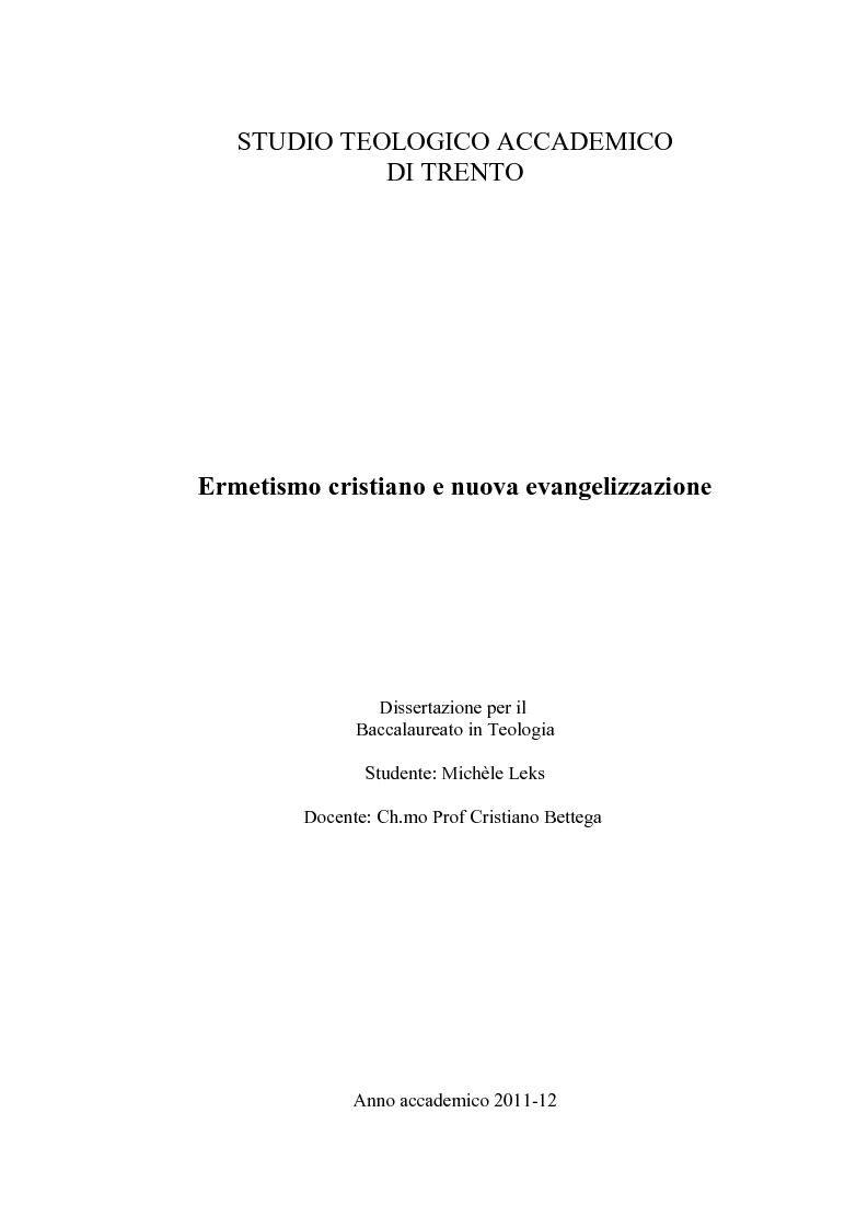 Anteprima della tesi: Ermetismo cristiano e Nuova Evangelizzazione , Pagina 1