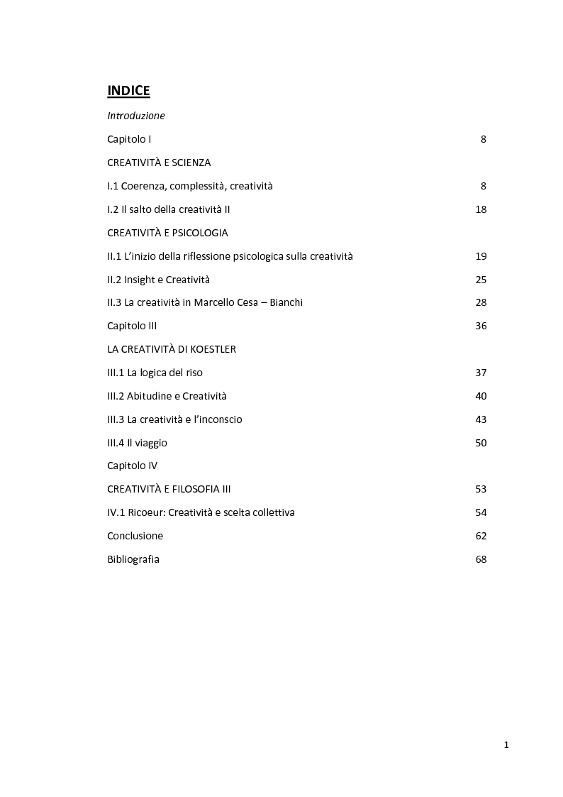 Indice della tesi: Creatività Umana, Pagina 1