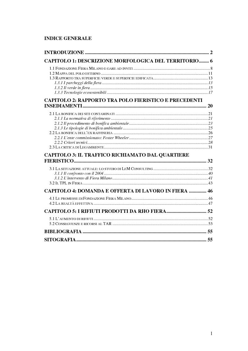 Indice della tesi: Polo fieristico Rho – Pero e territorio, Pagina 1