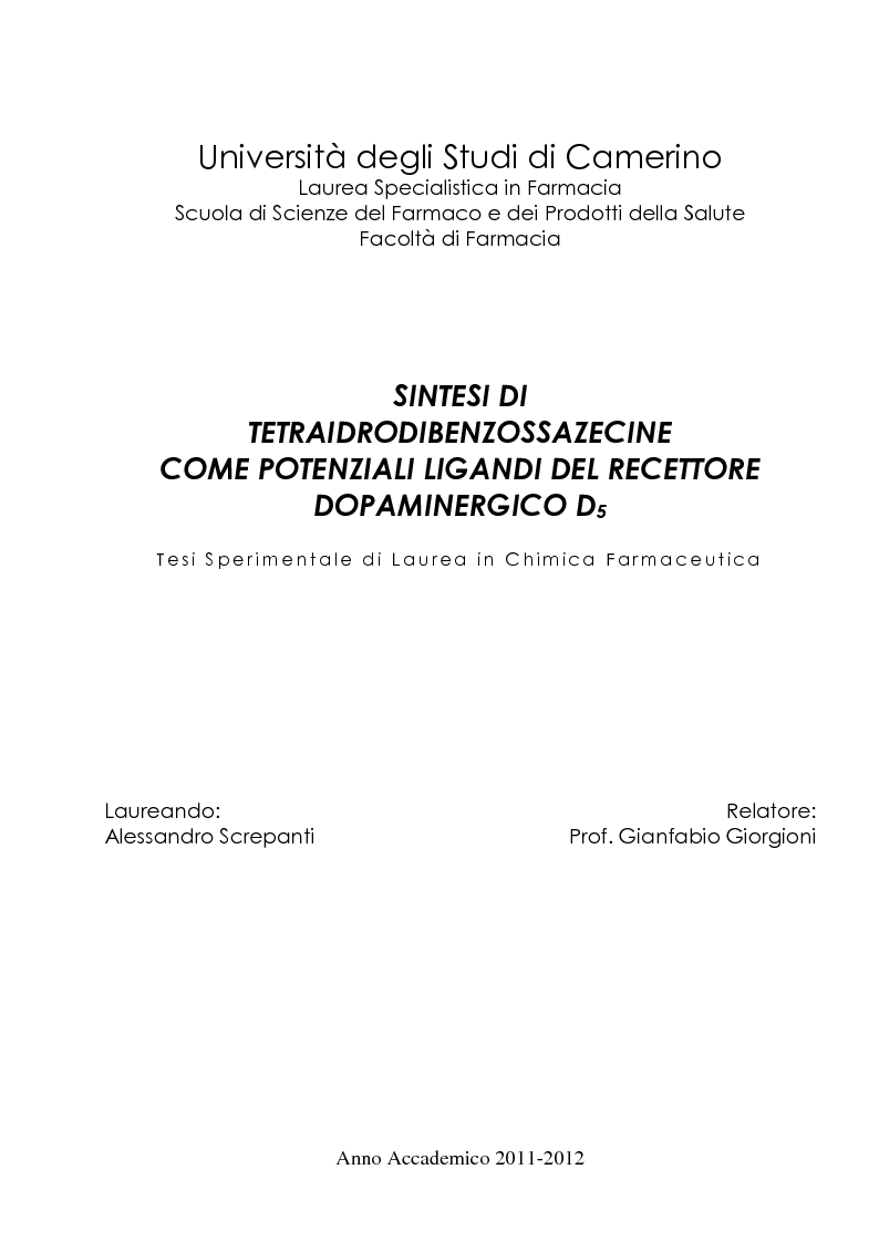 Anteprima della tesi: Sintesi di tetraidrodibenzossazecine come potenziali ligandi del recettore dopaminergico D5, Pagina 1