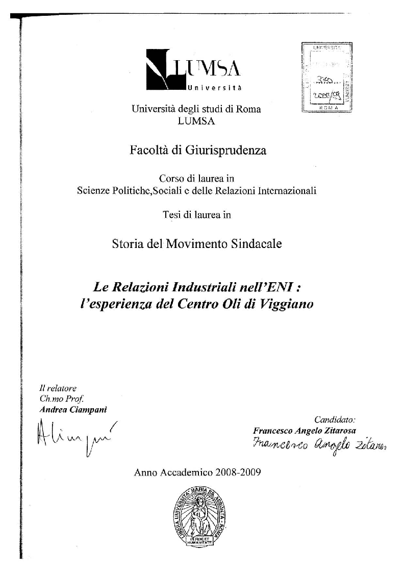 Anteprima della tesi: Le relazioni Industriali nell'Eni: l'esperienza del Centro Oli di Viggiano (PZ), Pagina 1