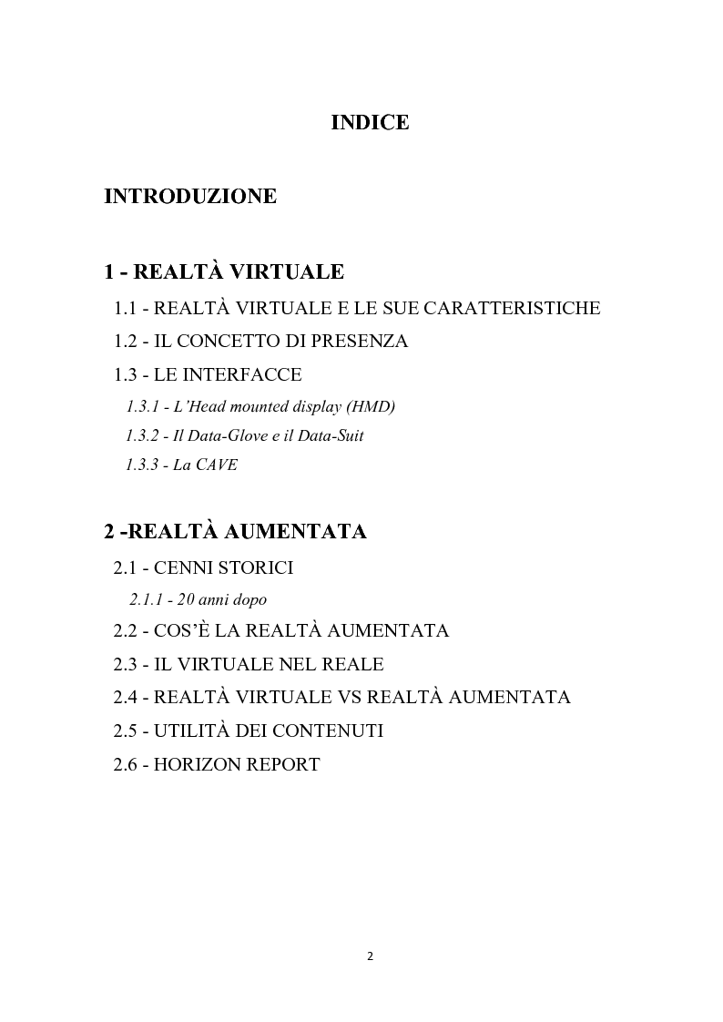Indice della tesi: Realtà virtuale e realtà aumentata per i beni culturali, Pagina 1