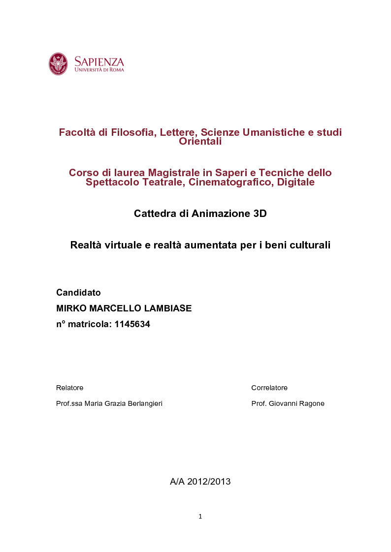 Anteprima della tesi: Realtà virtuale e realtà aumentata per i beni culturali, Pagina 1