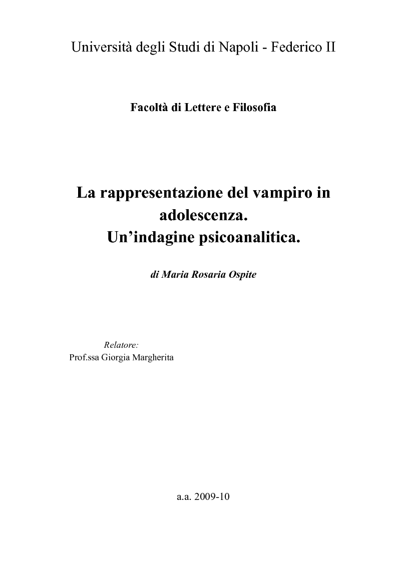 Anteprima della tesi: La rappresentazione del vampiro in adolescenza. Un'indagine psicoanalitica., Pagina 1