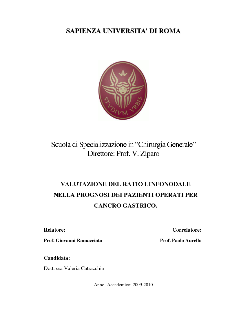 Anteprima della tesi: Valutazione del ratio linfonodale nella prognosi dei pazienti operati per cancro gastrico, Pagina 1