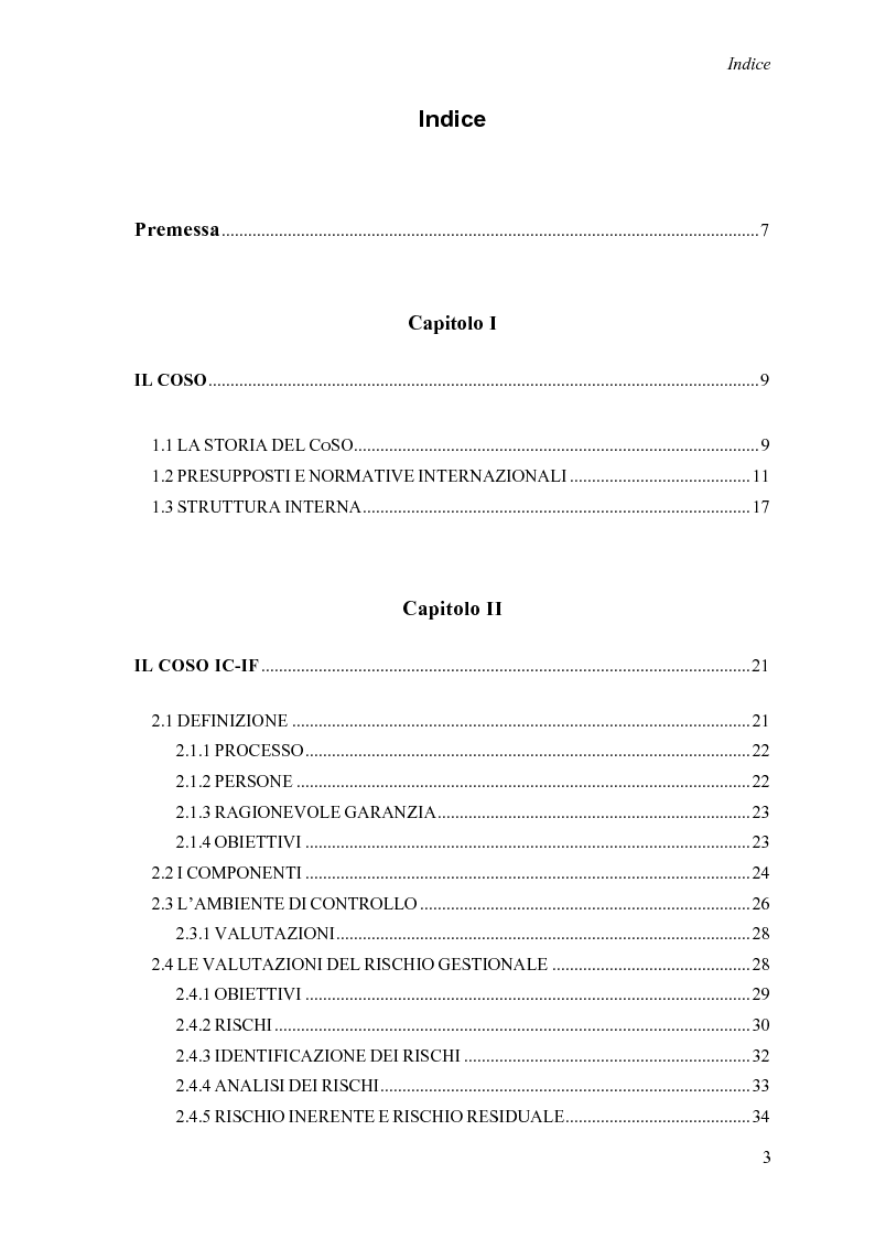 Indice della tesi: L'evoluzione del framework CoSO a supporto del sistema di controllo interno, Pagina 1