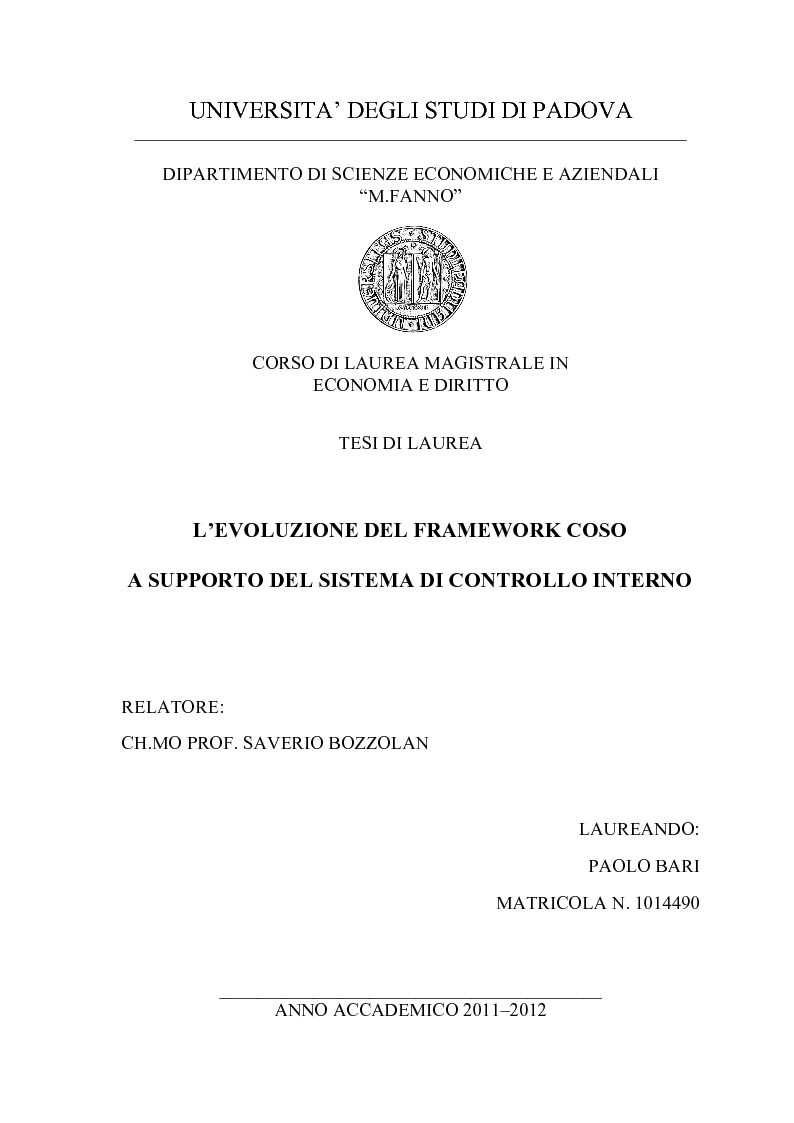 Anteprima della tesi: L'evoluzione del framework CoSO a supporto del sistema di controllo interno, Pagina 1