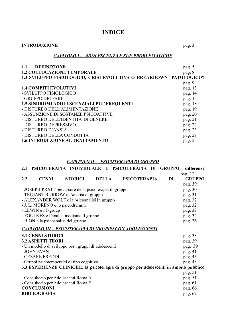 Indice della tesi: Gruppi terapeutici con adolescenti, Pagina 1
