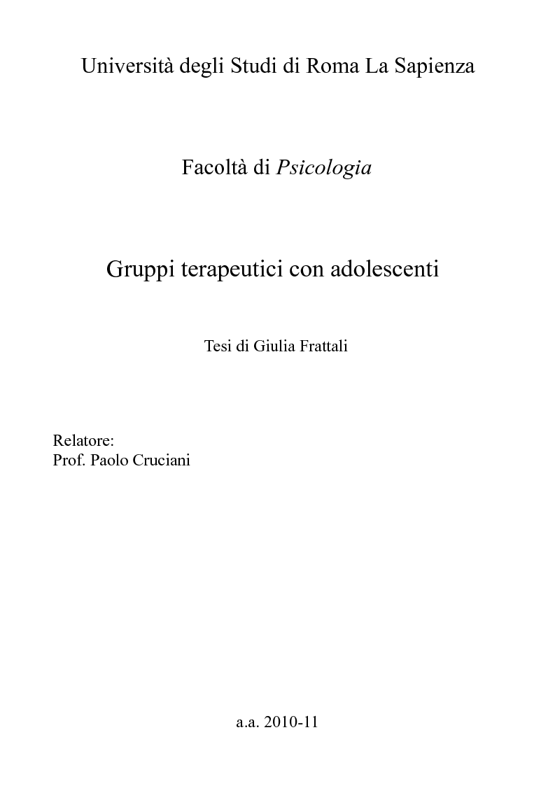 Anteprima della tesi: Gruppi terapeutici con adolescenti, Pagina 1