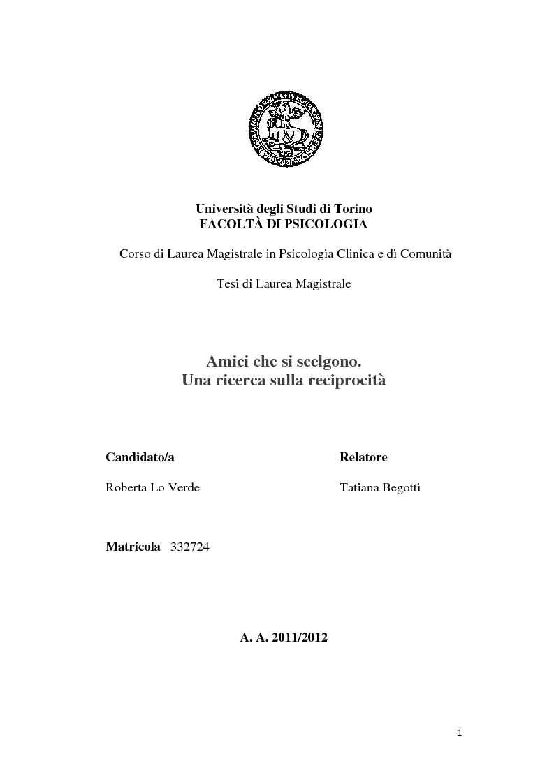 Anteprima della tesi: Amici che si scelgono. Una ricerca sulla reciprocità, Pagina 1