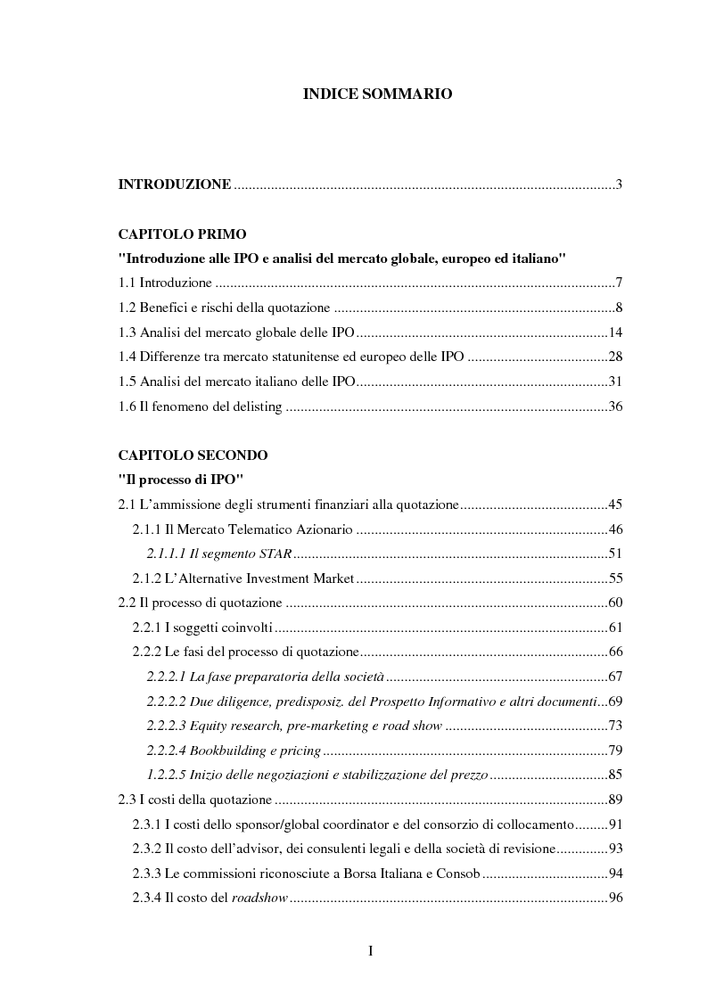Indice della tesi: Il fenomeno dell'underpricing nelle offerte pubbliche iniziali per il periodo 2003-2012: un'analisi empirica sul mercato azionario italiano, Pagina 1